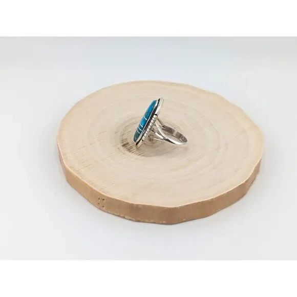 Navajo Ring Inlay Kingman Turquoise Tri-Cut Border Sterling‎ Sz 9.5**